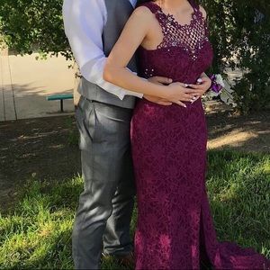 Long Plum Lace Prom Dress